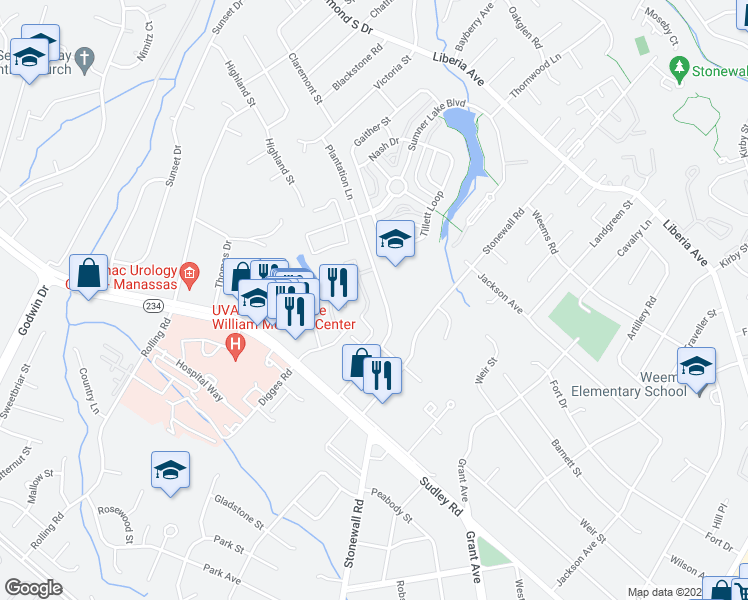 map of restaurants, bars, coffee shops, grocery stores, and more near 8533 Braxted Lane in Manassas