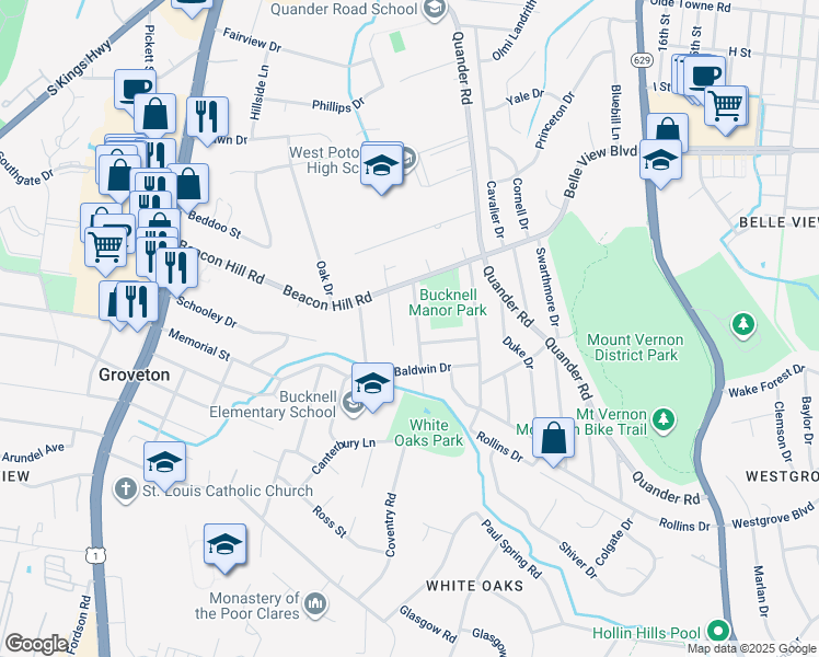 map of restaurants, bars, coffee shops, grocery stores, and more near 6818 Kenyon Drive in Alexandria