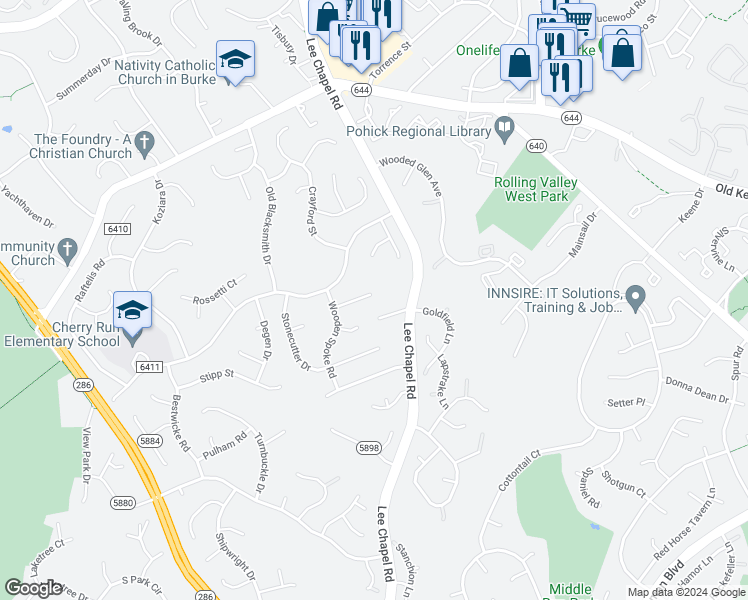map of restaurants, bars, coffee shops, grocery stores, and more near 9507 Tinker Court in Burke