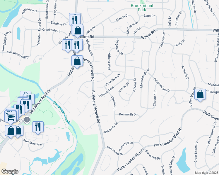 map of restaurants, bars, coffee shops, grocery stores, and more near 34 Danson Drive in St. Peters