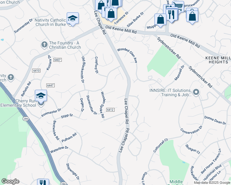 map of restaurants, bars, coffee shops, grocery stores, and more near 9507 Tinker Court in Burke
