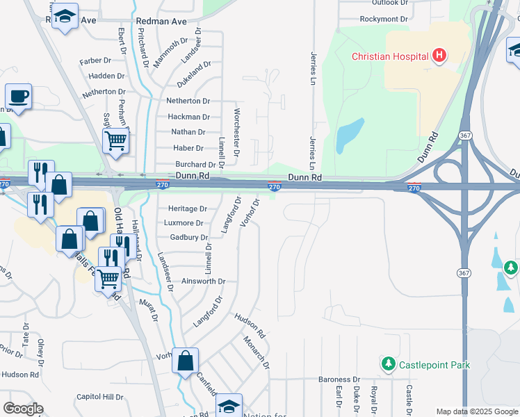 map of restaurants, bars, coffee shops, grocery stores, and more near 10822 Vorhof Drive in St. Louis