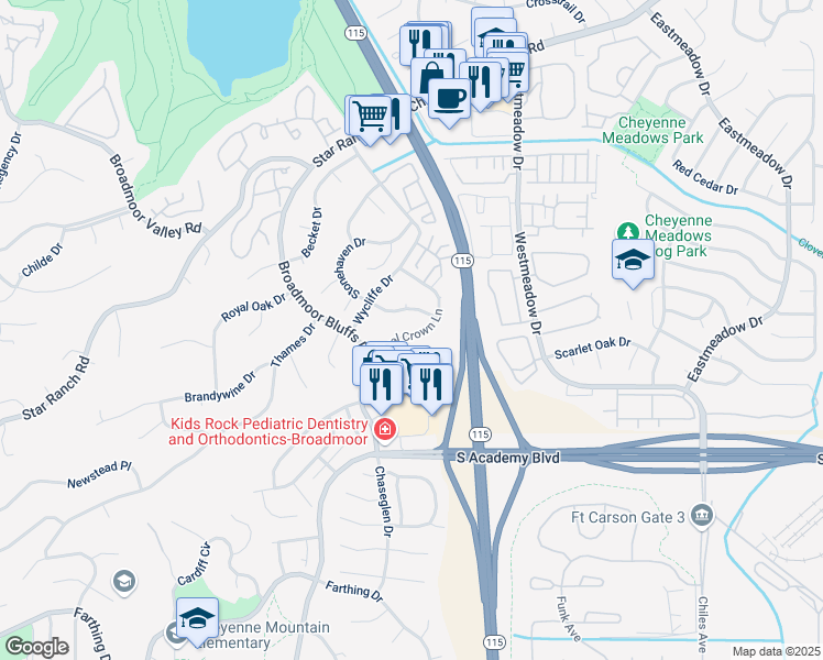 map of restaurants, bars, coffee shops, grocery stores, and more near 885 Royal Crown Lane in Colorado Springs