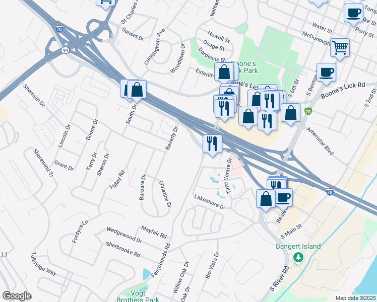 map of restaurants, bars, coffee shops, grocery stores, and more near 1 Convention Center Plaza in Saint Charles