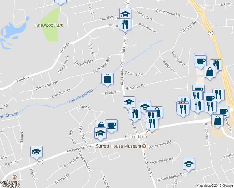 map of restaurants, bars, coffee shops, grocery stores, and more near 6111 Bradley Lane in Clinton