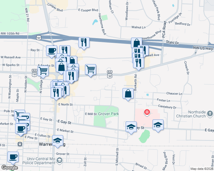 map of restaurants, bars, coffee shops, grocery stores, and more near 608 Wilkes Drive in Warrensburg