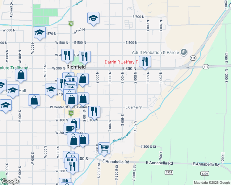 map of restaurants, bars, coffee shops, grocery stores, and more near 347 East 100 North in Richfield