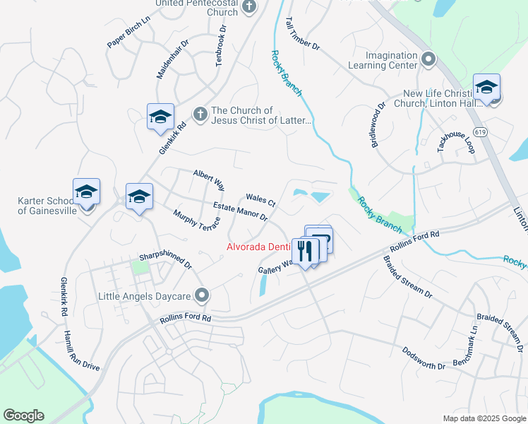 map of restaurants, bars, coffee shops, grocery stores, and more near 14120 Estate Manor Drive in Gainesville