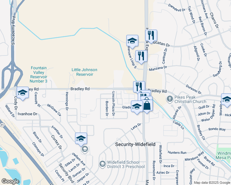 map of restaurants, bars, coffee shops, grocery stores, and more near 4430 Lincoln Plaza Drive in Colorado Springs