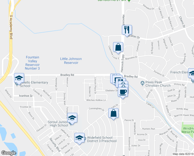 map of restaurants, bars, coffee shops, grocery stores, and more near 4430 Lincoln Plaza Drive in Colorado Springs