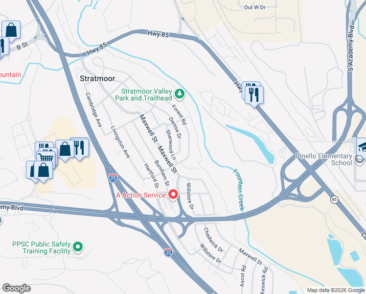 map of restaurants, bars, coffee shops, grocery stores, and more near 1330 Forest Road in Colorado Springs