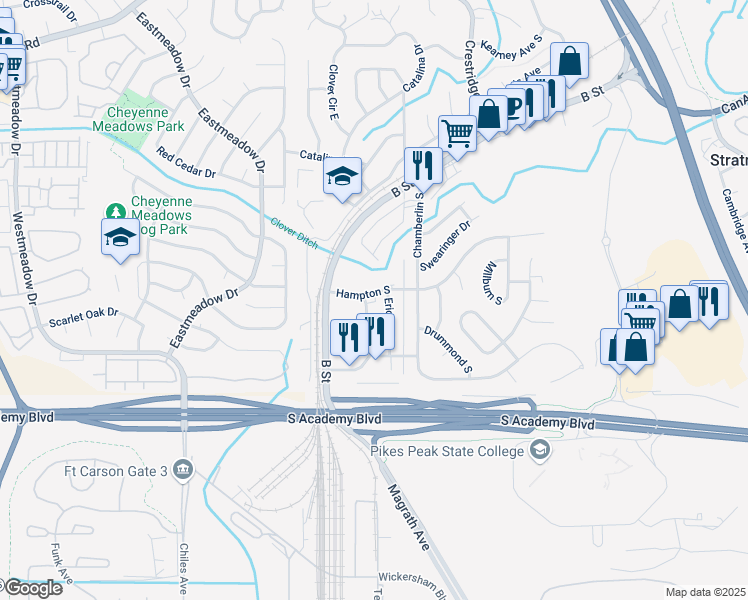 map of restaurants, bars, coffee shops, grocery stores, and more near 4319 Lashelle Avenue in Colorado Springs