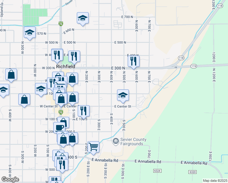 map of restaurants, bars, coffee shops, grocery stores, and more near 460 East 100 North in Richfield