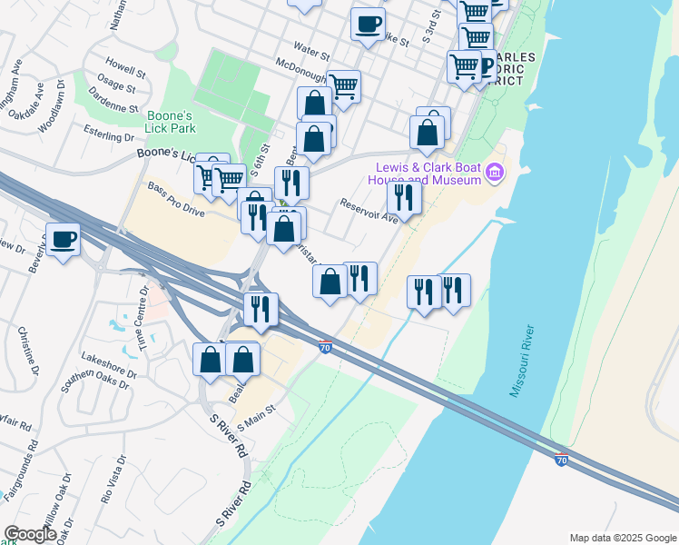 map of restaurants, bars, coffee shops, grocery stores, and more near 130 Ameristar Boulevard in Saint Charles