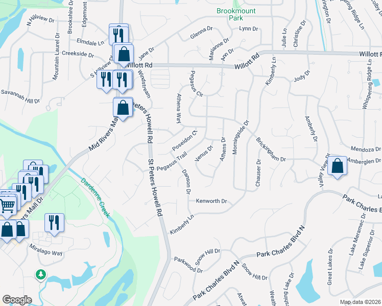 map of restaurants, bars, coffee shops, grocery stores, and more near 1334 Pegasus Trail in St. Peters