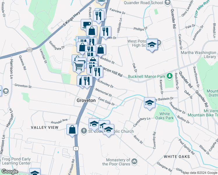map of restaurants, bars, coffee shops, grocery stores, and more near 2717 Schooley Drive in Alexandria