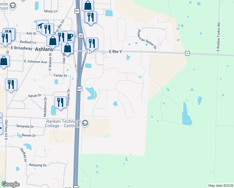 map of restaurants, bars, coffee shops, grocery stores, and more near 500-598 Sue Drive in Ashland