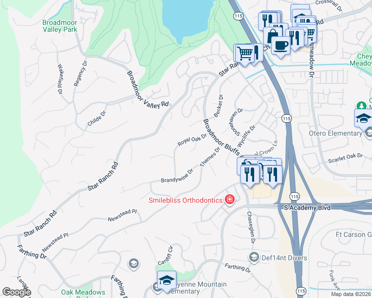 map of restaurants, bars, coffee shops, grocery stores, and more near 4154 Hampshire Place in Colorado Springs