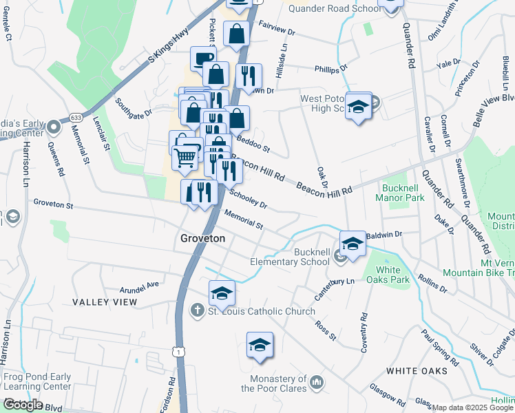 map of restaurants, bars, coffee shops, grocery stores, and more near 2717 Schooley Drive in Alexandria