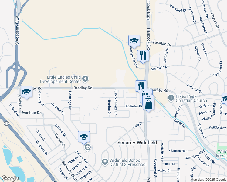 map of restaurants, bars, coffee shops, grocery stores, and more near 4225 Lincoln Plaza Drive in Colorado Springs