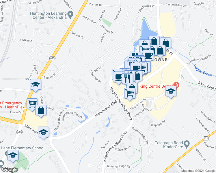 map of restaurants, bars, coffee shops, grocery stores, and more near 6805 Brindle Heath Way in Alexandria