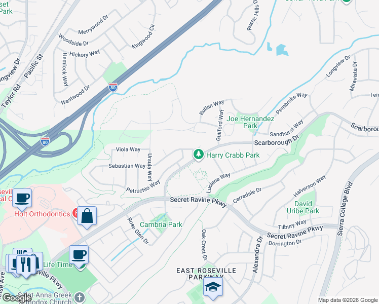 map of restaurants, bars, coffee shops, grocery stores, and more near 2217 Portia Way in Roseville