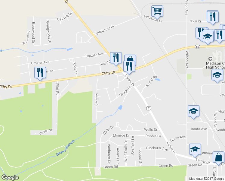 map of restaurants, bars, coffee shops, grocery stores, and more near 2253 Apache Drive in Madison