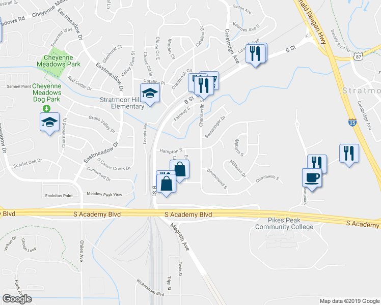 map of restaurants, bars, coffee shops, grocery stores, and more near 1732 Hampton South in Colorado Springs