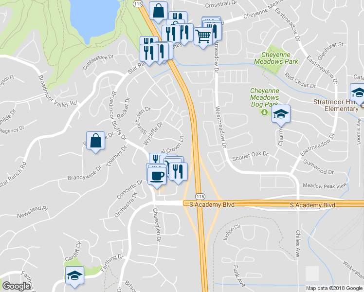 map of restaurants, bars, coffee shops, grocery stores, and more near 785 Royal Crown Lane in Colorado Springs