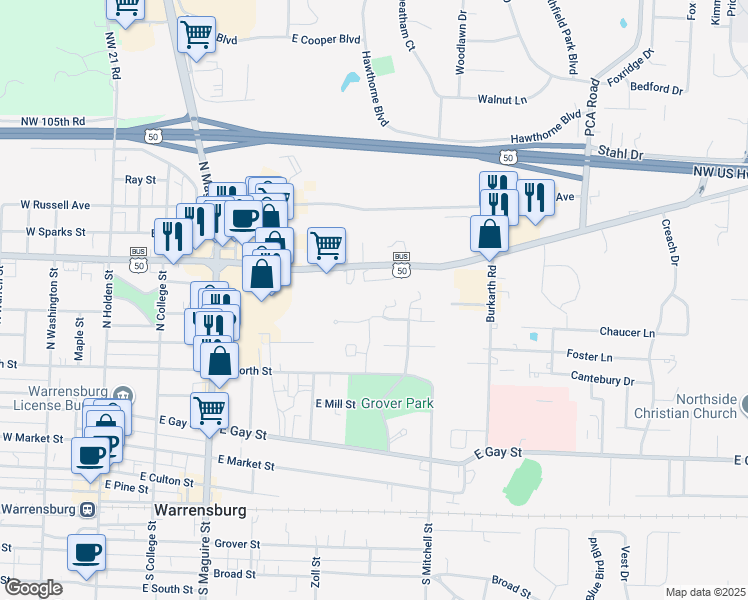 map of restaurants, bars, coffee shops, grocery stores, and more near 420 East Young Avenue in Warrensburg