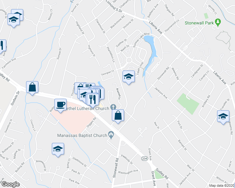 map of restaurants, bars, coffee shops, grocery stores, and more near 8522 Braxted Lane in Manassas