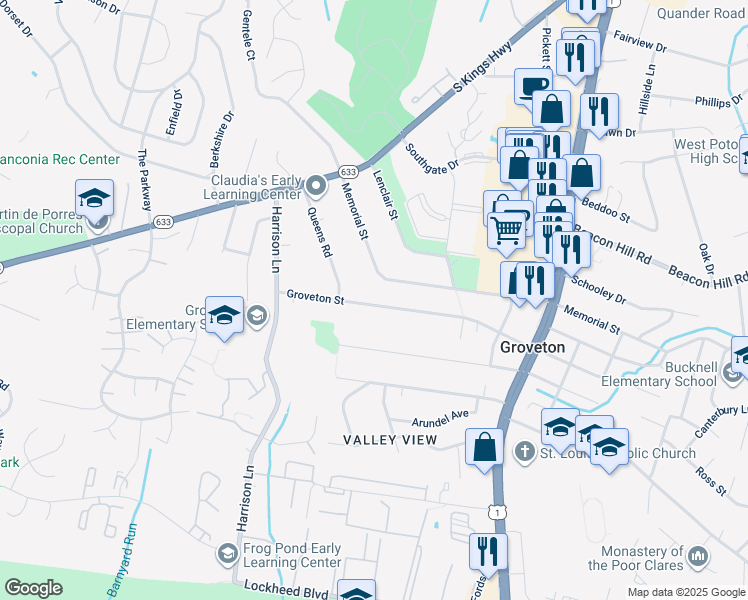 map of restaurants, bars, coffee shops, grocery stores, and more near 3410 Groveton Street in Alexandria