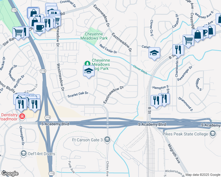 map of restaurants, bars, coffee shops, grocery stores, and more near 1745 Gumtree Court in Colorado Springs