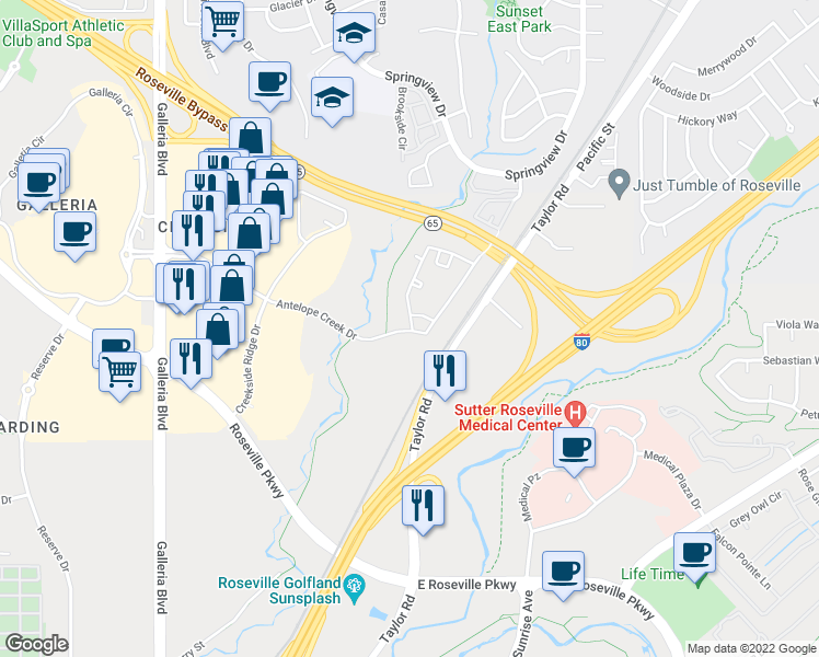 map of restaurants, bars, coffee shops, grocery stores, and more near 1299 Antelope Creek Drive in Roseville