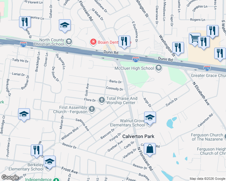 map of restaurants, bars, coffee shops, grocery stores, and more near 55 Connolly Drive in St. Louis