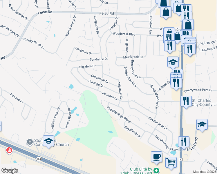 map of restaurants, bars, coffee shops, grocery stores, and more near 521 Chapparal Drive in O'Fallon