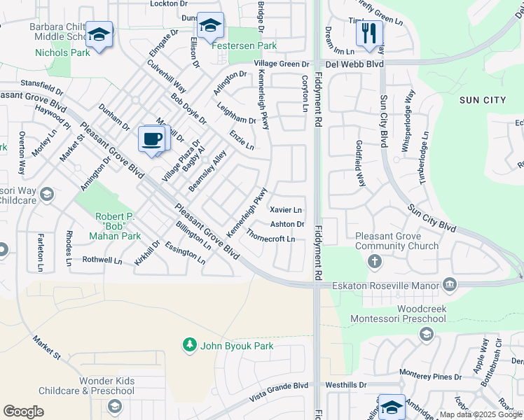 map of restaurants, bars, coffee shops, grocery stores, and more near 2040 Xavier Lane in Roseville