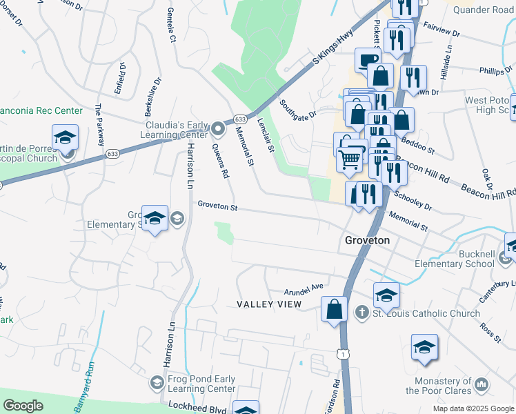 map of restaurants, bars, coffee shops, grocery stores, and more near 3410 Groveton Street in Alexandria