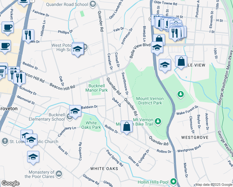 map of restaurants, bars, coffee shops, grocery stores, and more near 6804 Quander Road in Alexandria