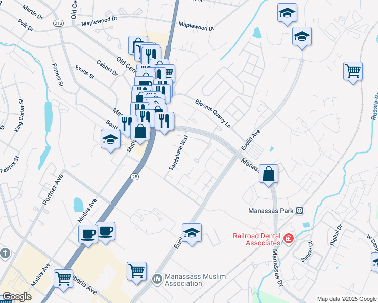 map of restaurants, bars, coffee shops, grocery stores, and more near 8628 Cartwright Court in Manassas Park