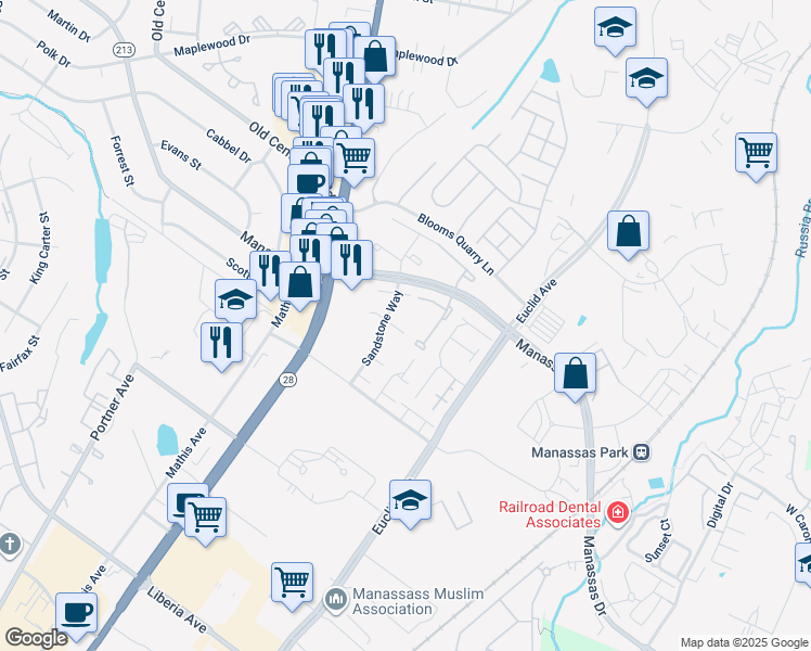 map of restaurants, bars, coffee shops, grocery stores, and more near 8628 Cartwright Court in Manassas Park