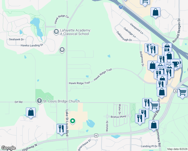 map of restaurants, bars, coffee shops, grocery stores, and more near 5720 Lake Saint Louis Boulevard in Lake Saint Louis