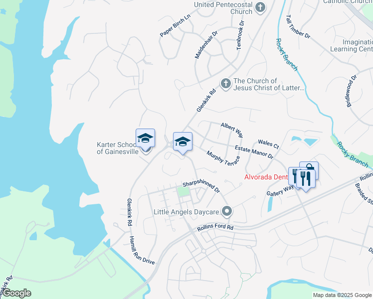 map of restaurants, bars, coffee shops, grocery stores, and more near 14232 Sharpshinned Drive in Gainesville