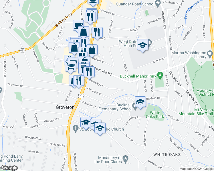 map of restaurants, bars, coffee shops, grocery stores, and more near 2704 Schooley Drive in Alexandria