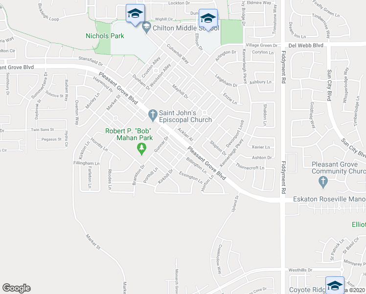 map of restaurants, bars, coffee shops, grocery stores, and more near 2197 Pleasant Grove Boulevard in Roseville