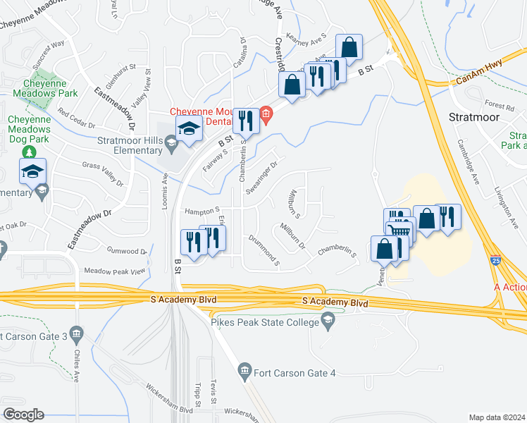map of restaurants, bars, coffee shops, grocery stores, and more near 1830 Hampton South in Colorado Springs