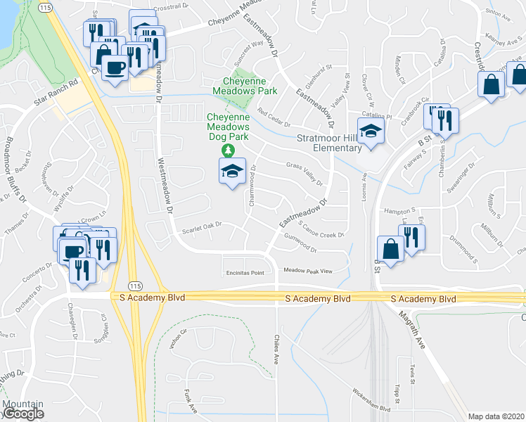 map of restaurants, bars, coffee shops, grocery stores, and more near 1306 Nutwood Drive in Colorado Springs