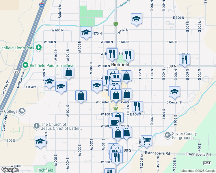 map of restaurants, bars, coffee shops, grocery stores, and more near 190 100 West in Richfield