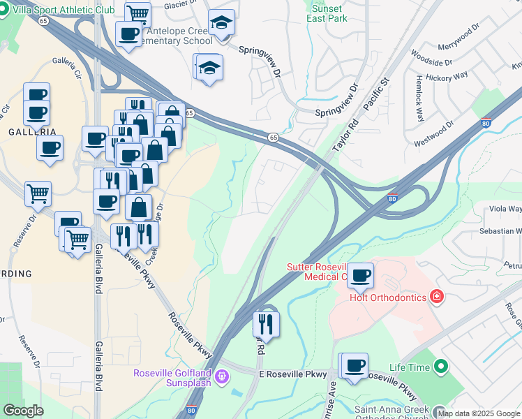 map of restaurants, bars, coffee shops, grocery stores, and more near 1299 Antelope Creek Drive in Roseville