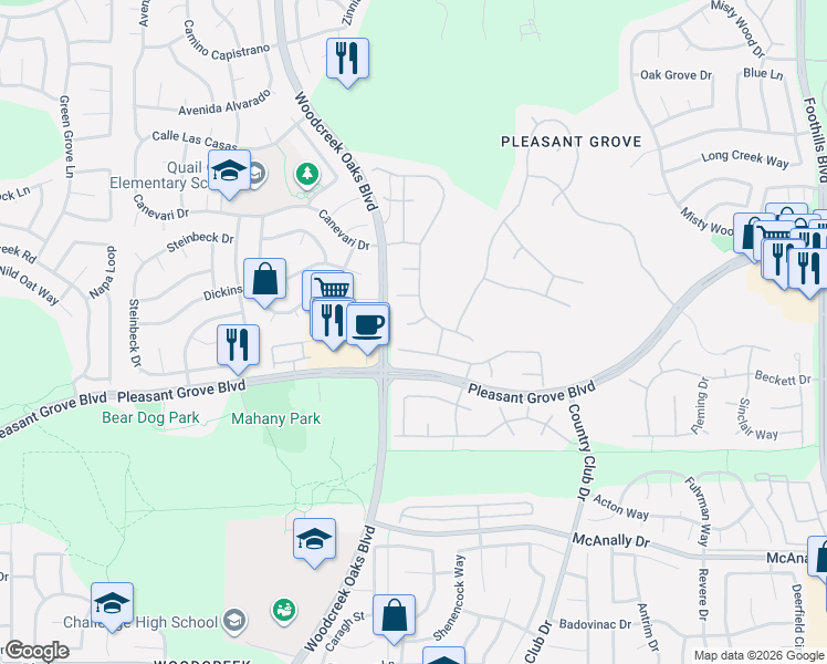 map of restaurants, bars, coffee shops, grocery stores, and more near 516 Rye Court in Roseville